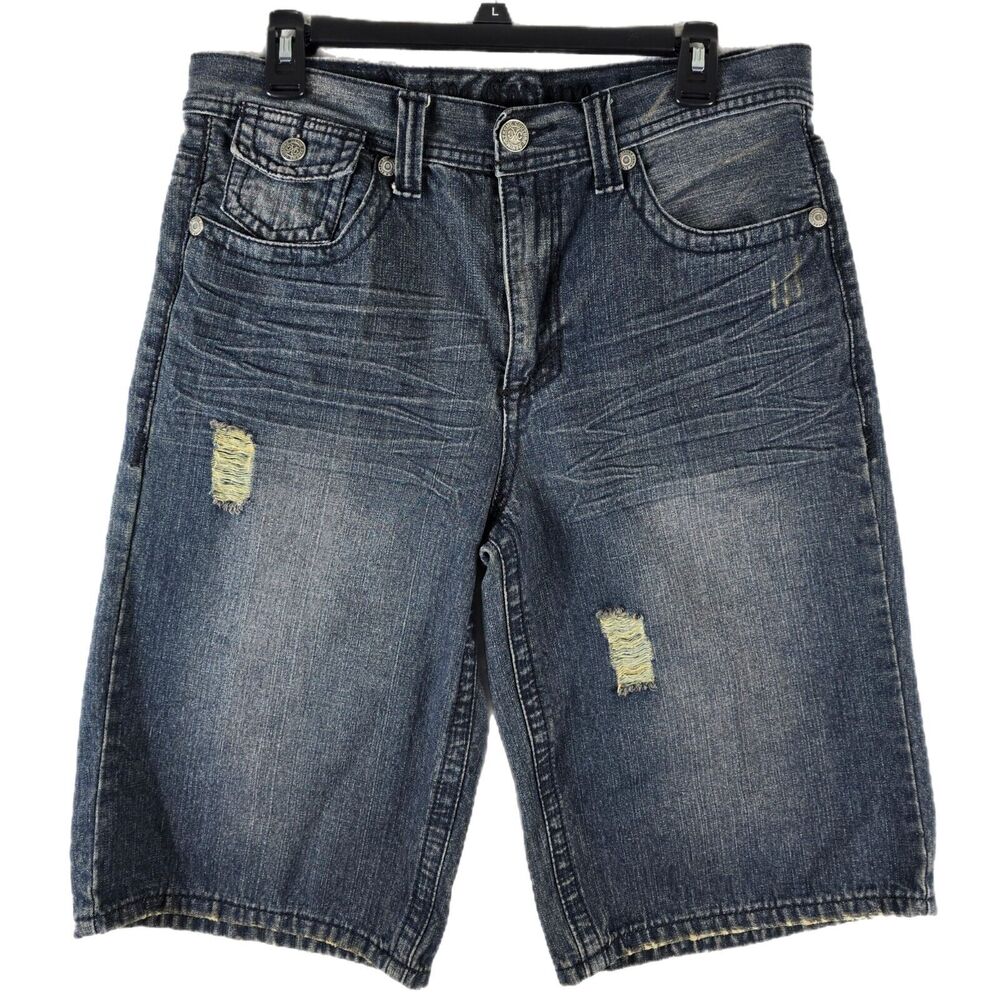 Vintage Y2K Xtreme Couture Distressed Blue Denim Jean Shorts Sz 32 Baggy Skater